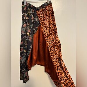 Mixed-Print Satin Panels Wide-Leg Jumpsuit Pants - Brown/Black